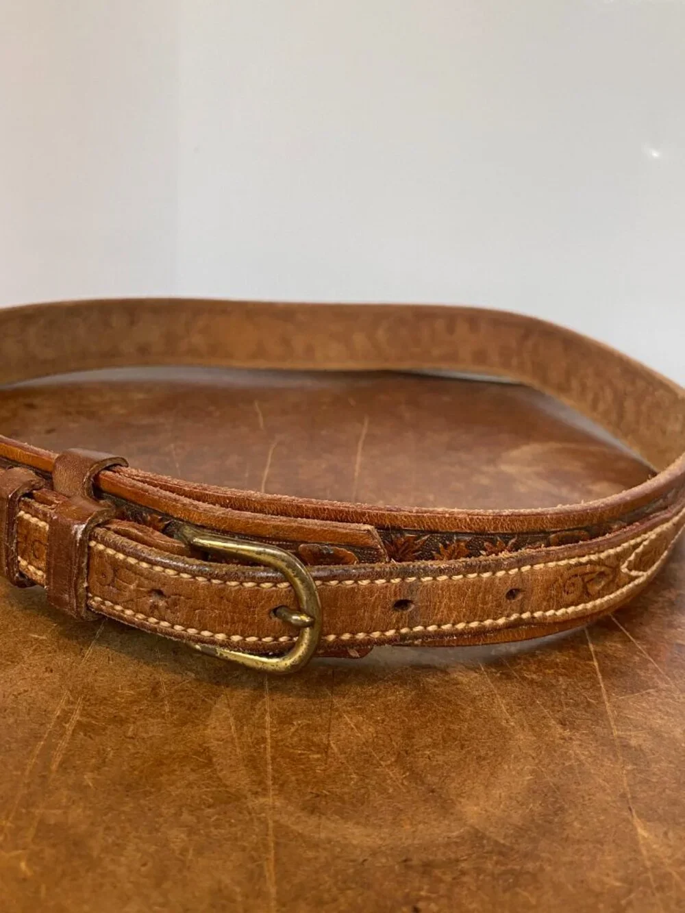 Vintage TEX TAN Belt Men’s Tooled Texas Ranger Size 32 Leather Mexico Brown